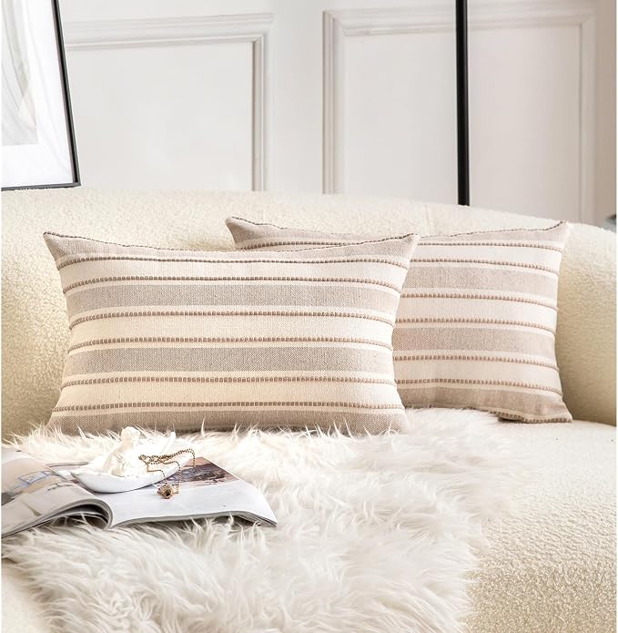 Cethom Decorative Boho Lumbar Throw Pillow Covers, Farmhouse Textured Pillow Case, 12 x 20 Inch Set of 2, Chair Sofa Bedroom Living Room Home Decor Couch Cushion Case, Tapue and Beige