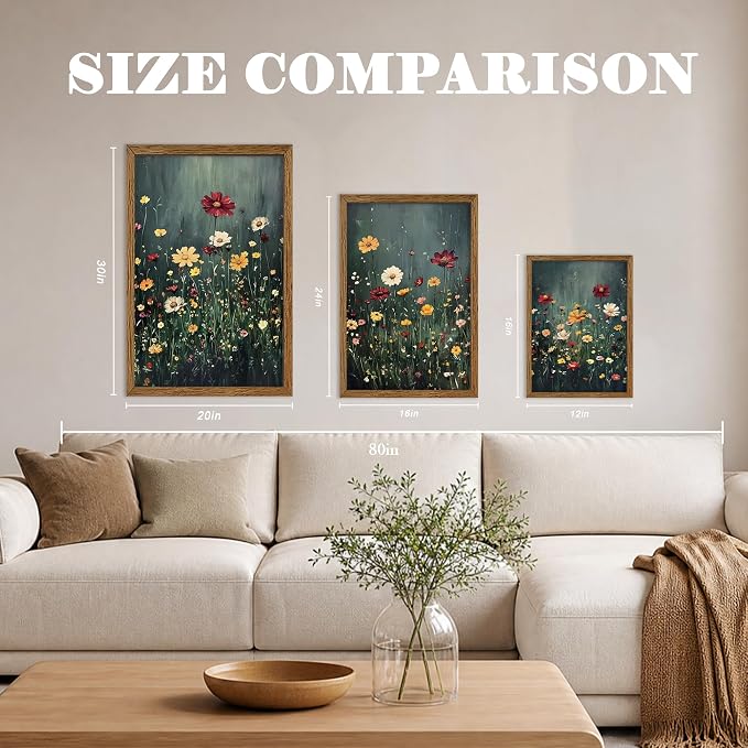 Urmoya 3 Pieces Moody Wildflower Dark Academia Floral Wall Art, 16x24 in | Vintage nature floral landscape wall decor, Wood framed, Ready to hang, Canvas art prints, over sofa, Bedroom, Office