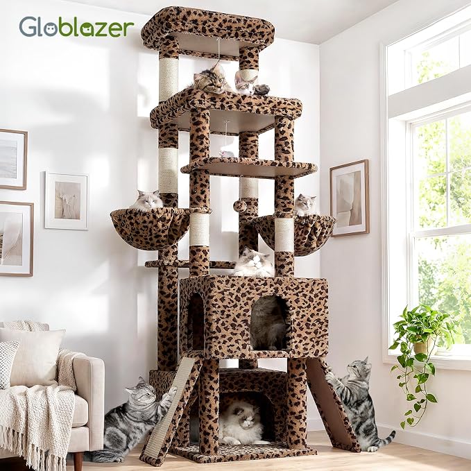 Globlazer Heavy Duty Cat Tree 78 inch Sturdy Cat Tower for 20lbs Large Adult Cats, Symmetrical Aesthetic Big Cat Tree with Extra Large Platform, 2 Scratching Boards, Z78, Leopard Print