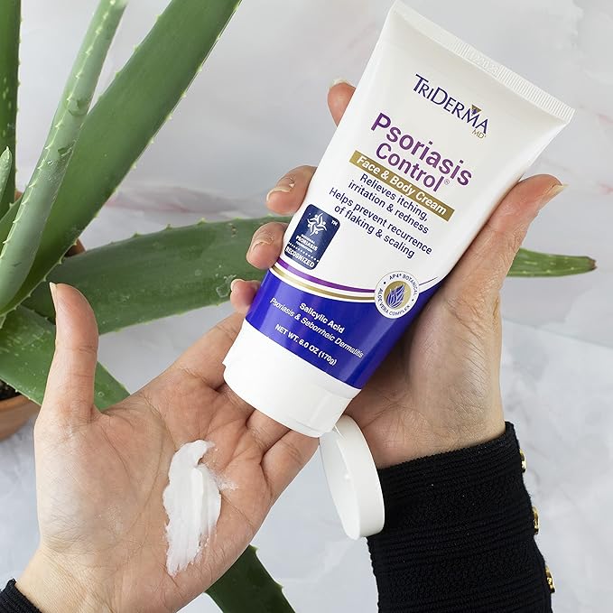 TriDerma Psoriasis Control Face & Body Cream - Maximum Strength 3% Salicylic Acid, AP4 Aloe Vera Gel, Urea Cream - Extra Moisturizing Treatment, No Cortisone or Coal Tar - FSA Eligible - 6 Oz