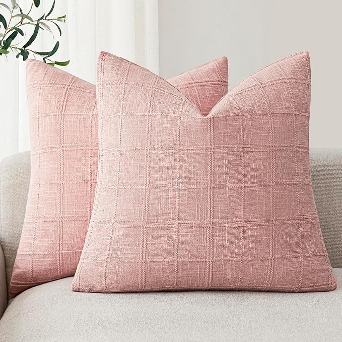 Foindtower Set of 2 Decorative Linen Check Throw Pillow Covers Neutral Farmhouse Vintage Cushion Covers Modern Boho Accent Home Decor for Sofa Chair Couch Bedroom Living Room,24×24 Inch,Light Pink