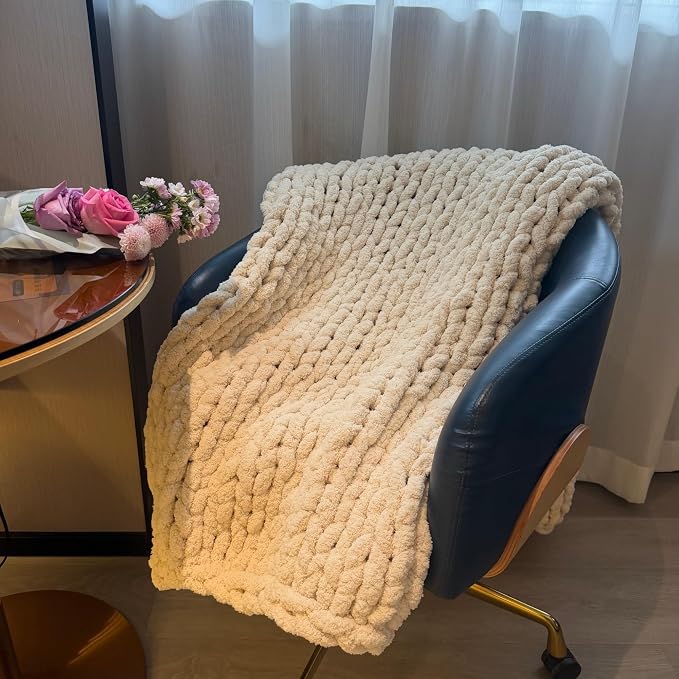 Soft Chunky Knit Throw Blanket for Couch, Cozy Warm Knitted Blankets | Hand Knit with Jumbo Chenille, Lightweight Warm Fluffy Decor for Women, Mom, Her & Girls, Sofa, Chair, Bed, 40"×60" (Beige)