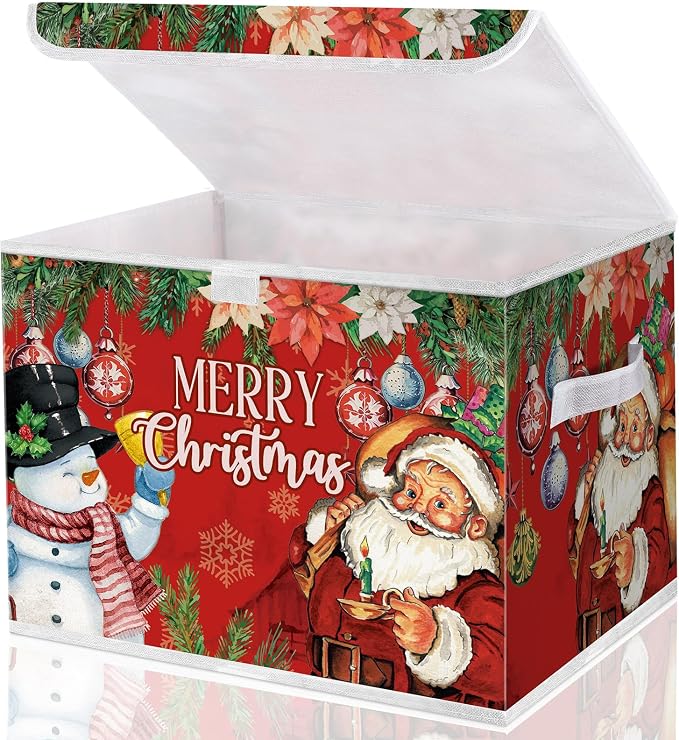 Briwooody Christmas Storage Bin with Lid and Carrying Handle Christmas Foldable Storage Box Large Xmas Decorative Collapsible Container Basket for Organizing Closet Home Bedroom Gift(Santa Claus)
