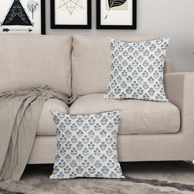 Blue Grey Gray Floral Block Print Pillow Covers 18x18 Inch Set of 2, Vintage Flower Pattern Decorative Throw Pillowcases Outdoor Farmhouse Cushion Covers Spring Summer Rustic Sofa Couch Bed Decor