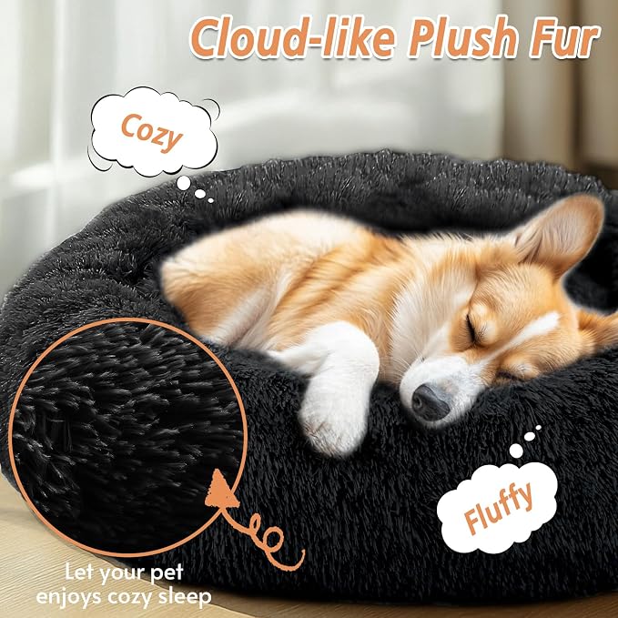 JOLLYVOGUE Calming Small Dog & Cat Bed for Indoor Cats - 20 inches Washable Donut Bed for Kittens & Puppies, Anti-Anxiety Round Fluffy Plush Pet Beds (Fits up to 15 lbs, Black)