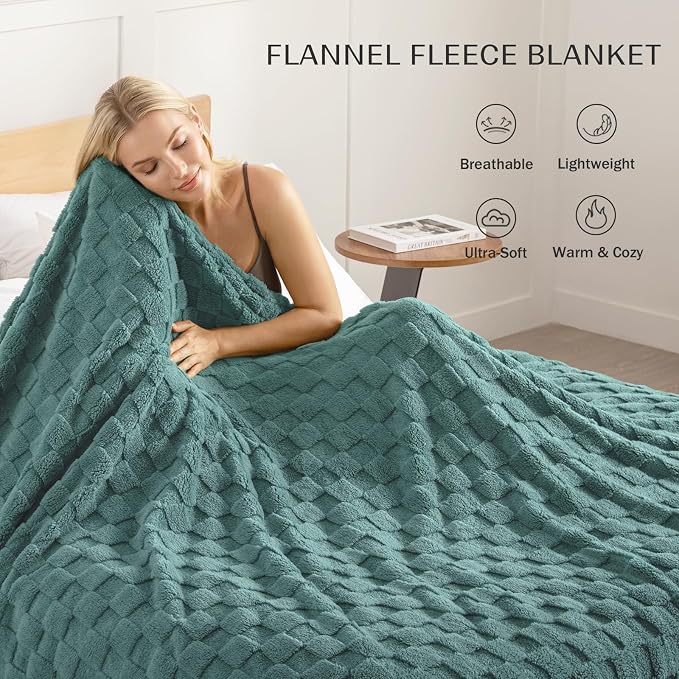 Exclusivo Mezcla 3D Checkered Fleece King Blanket for Bed, Celadon | Super Soft and Cozy Fluffy Blanket, Lightweigh and Breathable Blanket for Living Room, Bedroom, Decor, All Season, 104"x90"