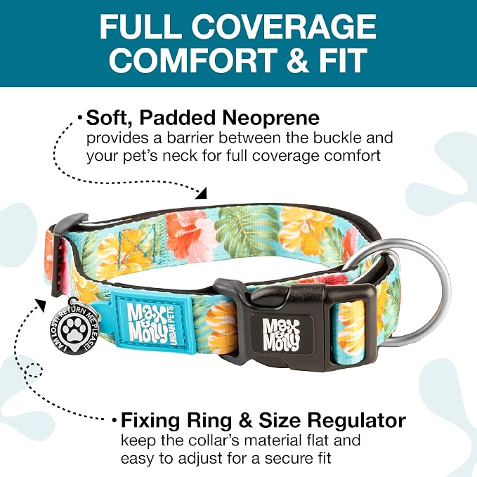 Max & Molly Urban Pets Smart ID Dog Collar with Gotcha! QR Pet Safety Tag and Custom Pet Profile, Soft Padded Neoprene, Waterproof, Machine Washable, Hibiscus, M (13-21")