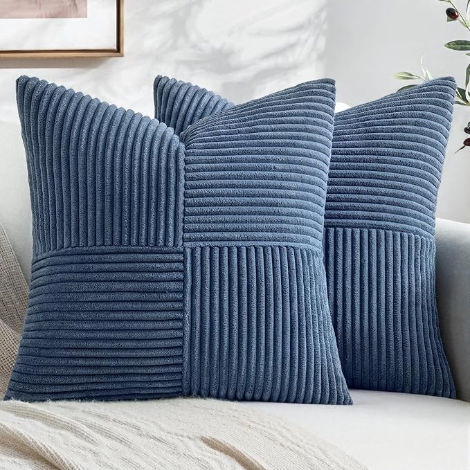 MIULEE Dusty Blue Decorative Throw Pillow Covers for Couch 18x18 Inch | 2 Pack, Boho Farmhouse Pillow Covers, Soft Cross Corduroy Patchwork Textured Cushion Cases For Bed Sofa