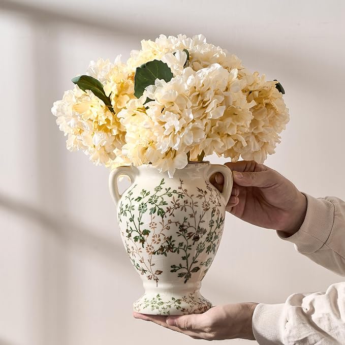 Green and Beige Antique Vase with Handles, Vintage Chinoiserie Floral Vase, Rustic Ceramic Vase for Home Decor, Living Room, Bookshelf, Office, Entryway, Garden, Chinoiserie Decor, Tuscan Decor