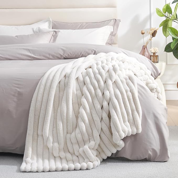 Faux Fur Throw Blanket for Couch, Cozy Fuzzy Fluffy Fur Luxurious Soft Striped Plush Gift Blankets for Family Sofa Chair Bedroom, 55"x70", Ivory