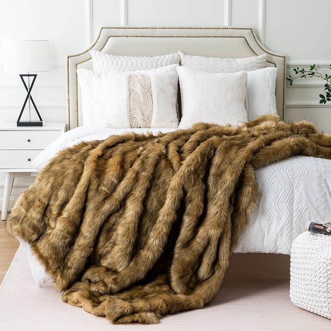BATTILO Golden Faux Fur Throw Blanket for Couch, 50"x60", Thick Warm | Luxury Soft Cozy Plush Elegant Furry Fluffy Faux Fur Blanket for Bed, Sofa, Living Room, Long Pile with Black Tips