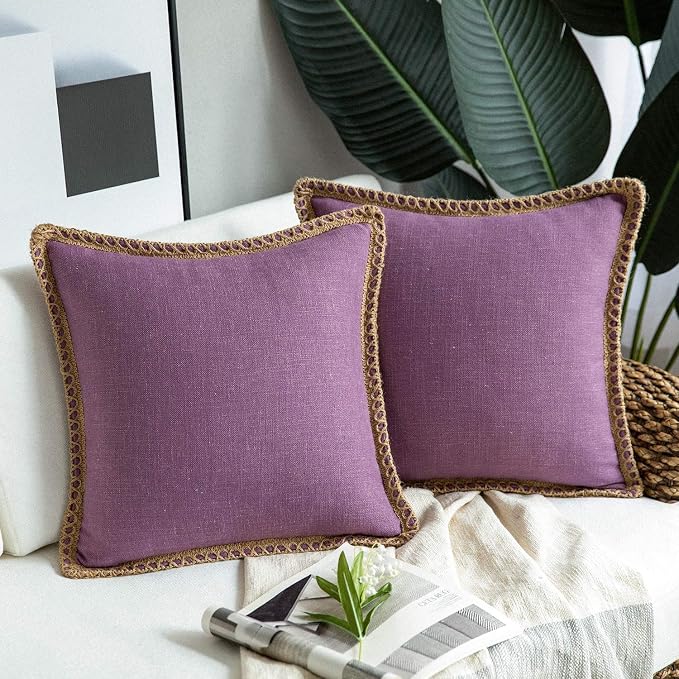 Phantoscope Pack of 2 Farmhouse Decorative Throw Pillow Covers Burlap Linen Trimmed Tailored Edges Purple 18 x 18 inches, 45 x 45 cm