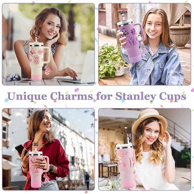 15PCS Cup Accessories Set for Stanley Cup 30oz 40oz Tumbler with Handle, Including Silicone Straw Cover and Boot, Spill Proof Stopper, Stanley Charms, Handle Charm, Initials Sticker
