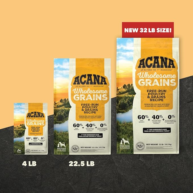 ACANA Wholesome Grains Dry Dog Food Poultry & Grains Recipe 32lb Bag | High Protein, Made in the USA, Includes Probiotics, Free-Run Poultry, Global Quality Ingredients