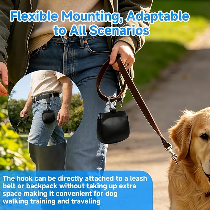 Silicone Dog Treat Pouch for Leash, One-Hand Access Training Pouch with Pull Tab with Auto-Closing Lid, Small Pocket Sized Dog Treat Bag with Clip, Waterproof Puppy Training & Walking，1 Cup
