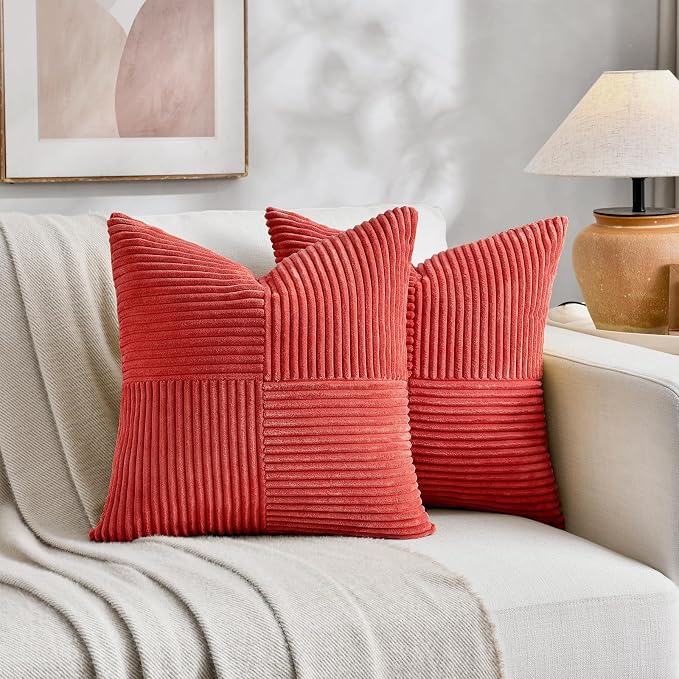 Fancy Homi 2 Packs Red Euro Decorative Throw Pillow Covers 26x26 Inch for Couch Bed Sofa, Holiday Christmas Home Decor Gift, Soft Corss Corduroy Patchwork Textured Square Cushion Case 66x66 cm