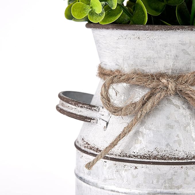 Dahey Metal Flower Vase with Artificial Eucalyptus Farmhouse Decor Rustic Shabby Chic Milk Can Galvanized Jug Planter Fake Plants in Decorative Tin Vase for Table Centerpieces Bedroom Kitchen Decor