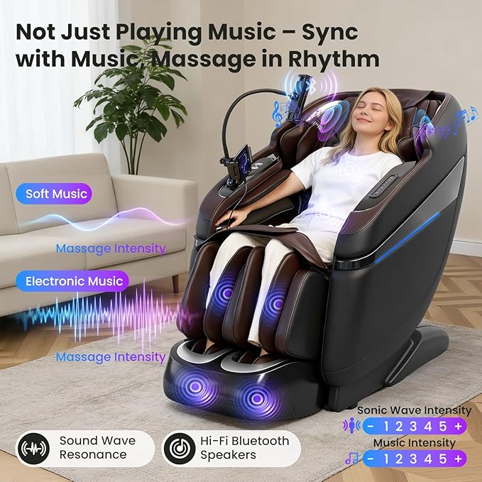 4D Music Rhythm Massage Chair Full Body Recliner, 2025 Unique Sonic Resonance Zero Gravity SL-Track Shiatsu with Knee Heating Blanket AI Voice Bluetooth Foot Roller Body Scan Airbags G9 Black