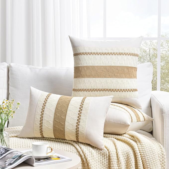 Fancy Homi Set of 1 Tan Neutral Long Lumbar Decorative Throw Pillow Cover 14x24 Inch for Couch Bed Sofa Chair, Modern Organic Farmhouse Boho Home Decor, Soft Cotton Cute Accent Rectangle Cushion Case