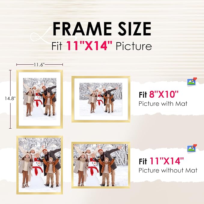 11x14 Picture Frame Set of 2, Photo Frame with HD Plexiglass, Display Pictures 8x10 with Mat or 11x14 Without Mat, Gold Picture Frames Collage Wall Decor, Gallery Wall Frame