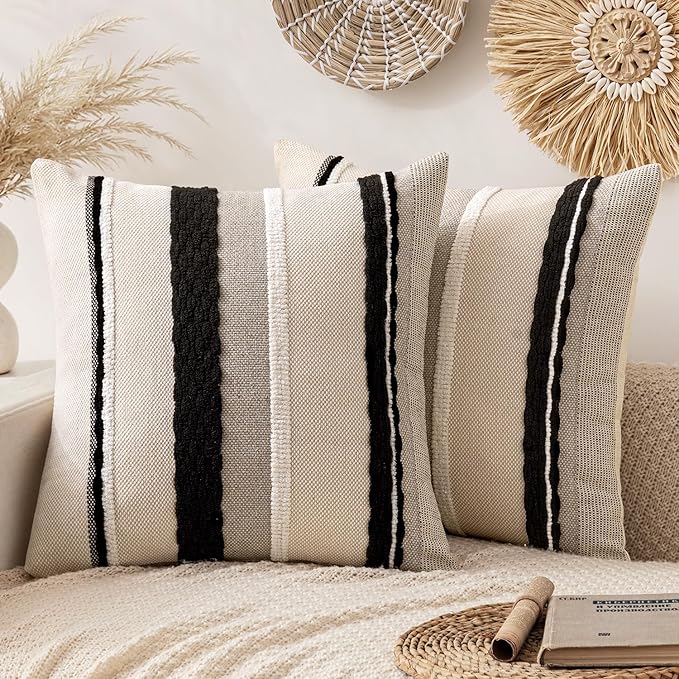 ANRODUO Boho Decorative Pillow Covers 18x18 Pack of 2 Black-White Stripe 2 | Throw Pillow Covers, Farmhouse Cushion Case, Chenille Pillow Cases, Pillow Covers, Neutral Pillowcase for Sofa Couch Bed
