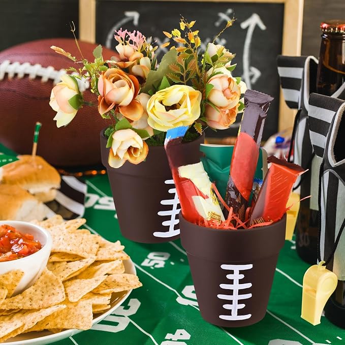 Reallnaive 9 Pcs Football Table Centerpiece Vases 4 Inch Sport Flower Pot | Rugby Lace Design Sports Party Theme, Terracotta Style Planters for Home Decor, Game Day Celebration Table Setup