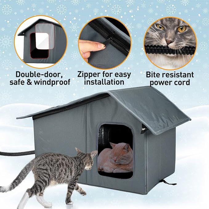 Weatherproof Heated Cat Houses for Outdoor Cats - Insulated Cat Shelter for Winter with Thermostatic Heating Pad and Escape Door, Warm Outside Pet House Gift for 1-2 Feral Cats (Medium)