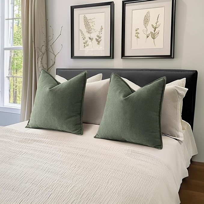 MIULEE Pack of 2 Army Green Decorative Chenille Pillow Covers 20x20 Inch | Soft Couch Throw Pillows,Farmhouse Cushion Covers with Elegant Design for Sofa,Bedroom,Living Room,Spring Home Decor