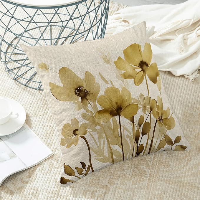 Spring Floral Pillow Covers 18x18 Inches Set of 2,Yellow Floral Throw Pillow Covers Outdoor Summer Flower Decoration Pillowcase Farmhouse Decorative Square Decor Cushion Cover for Couch Sofa