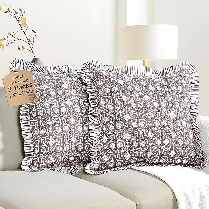 CPC Mocha Regal Hand Block Print 100% Cotton Ruffle Throw Pillow Cover 20x20 inch with Hidden Zipper Decorative for Couch, Bed, Sofa, Farmhouse, Cottagecore Decor Gift Christmas Fall Thanksgiving