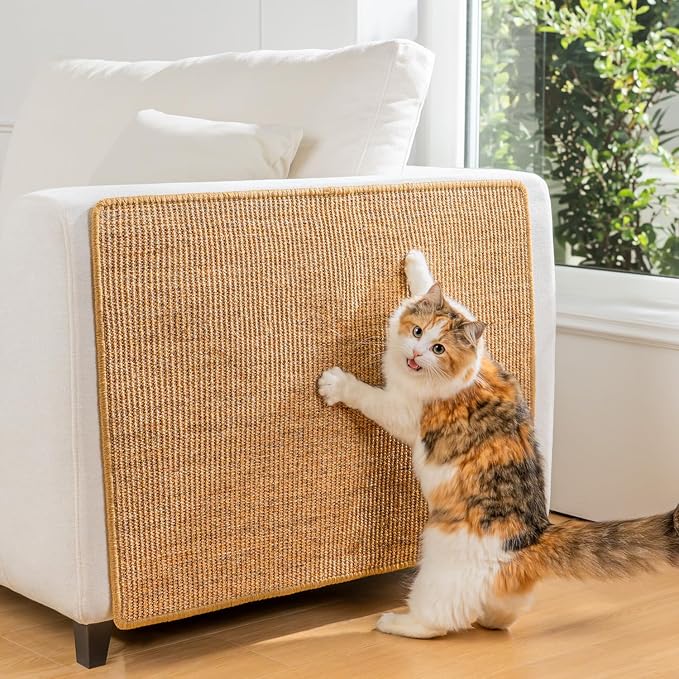 Conlun Cat Scratching Pad, 23.6x31.5in Sisal Mat Couch Protector | Indoor Cat Scratcher Mat, Mess-free, Anti-slip Backing, Hook&Loop Tape for Furniture Door Wall, Brown