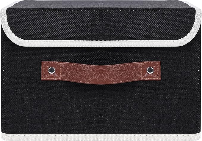 ANMINY Fabric Storage Box Bins with Lids, Black, 13"x9"x7.9" | Keepsake Memory Storage, Cotton Linen, PP Board Reinforced, Washable, PU Handles, Foldable & Stackable, Decorative, Medium