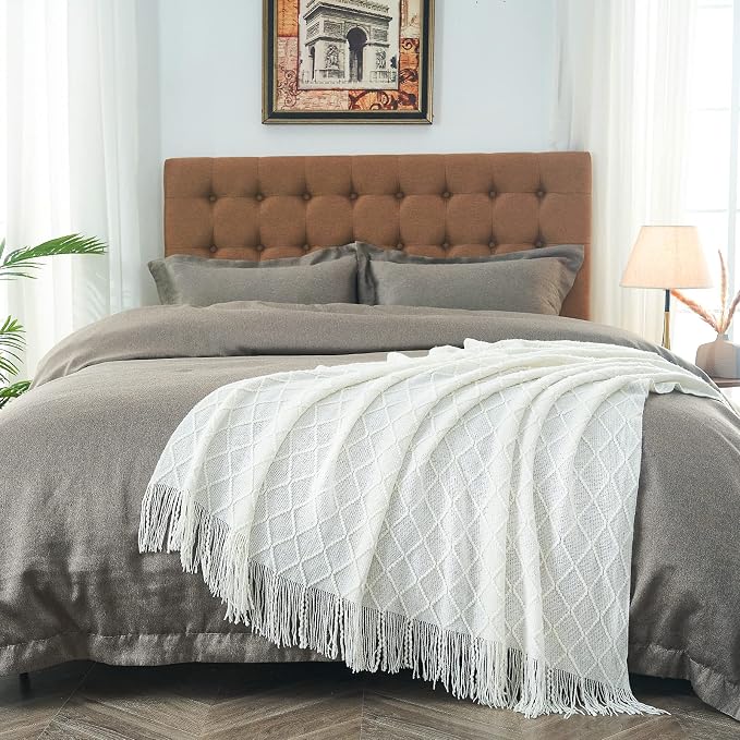 inhand Off White Knitted Throw Blanket for Couch and Bed, 60"x80" | Soft Cozy Knit Blanket with Tassel, Lightweight Decorative Blankets and Throws, Farmhouse Warm Woven for Men and Women