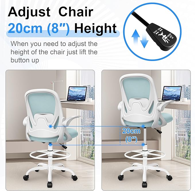 Drafting Chair Tall Office Chair with Flip-up Armrests, Adjustable Height, and Enhanced Lumbar Support - Ergonomic Rolling Stool, Back Support, and Adjustable Foot Rest Ring Light Blue
