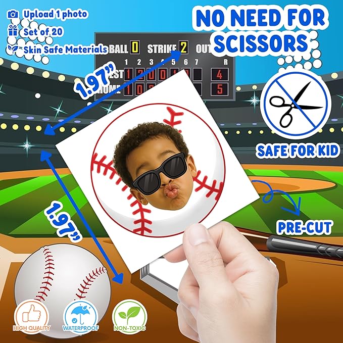 Custom Baseball Temporary Tattoos for Kids - Personalized Pre-Cut Face Photo Tattoos - Fun Birthday Party Favors for Boys, Baseball Fans - Set of 20 Unique Celebration Gifts