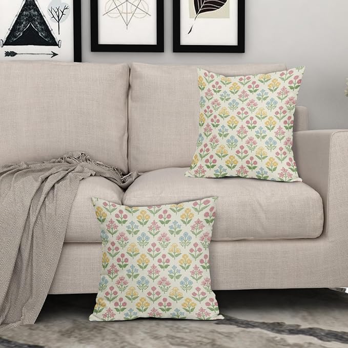 Spring Floral Block Print Pillow Covers 20x20 Inch Set of 2, Easter Decoration Pink Yellow Blue Flower Decorative Throw Pillowcases Outdoor Farmhouse Cushion Covers Holiday Sofa Couch Bed Decor