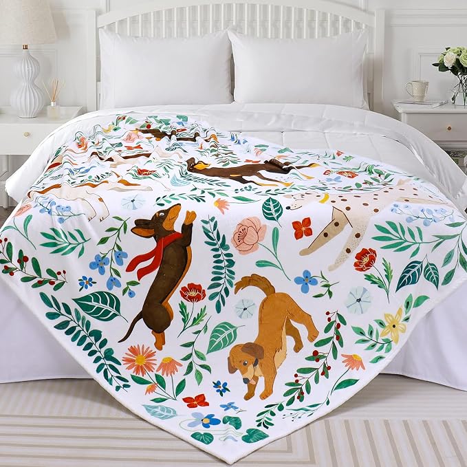 Dog Blanket Ultra Soft Floral Throw Blankets Gifts for Dog Lover Blanket Flower Leaves Flannel Fleece Throw Lightweight Warm Cozy Fuzzy Plus Cabin Blanket for Bed Sofa, 50" X 60"