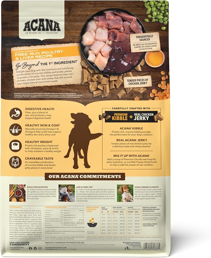 ACANA Butchers Favorites Grain-Free Dry Dog Food Free-Run Poultry 4lb Bag | Fresh or Raw Ingredients, High Protein, Made in the USA, Skin & Coat, Digestive Health, Free-Run Poultry, Real Chicken