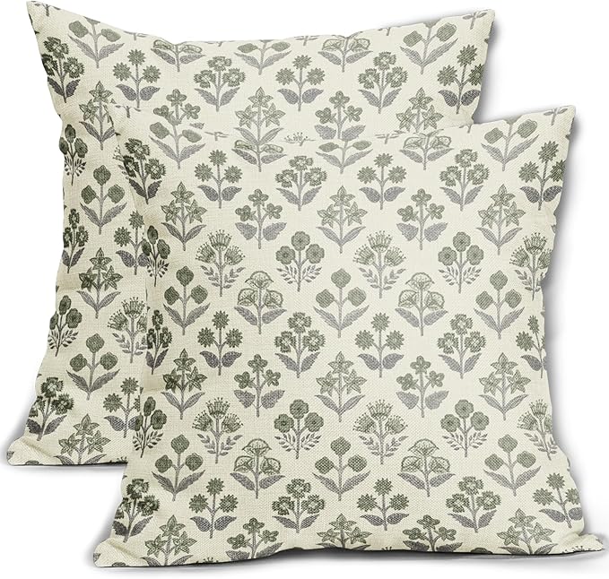 Green Grey Gray Floral Block Print Pillow Covers 16x16 Inch Set of 2, Vintage Flower Pattern Decorative Throw Pillowcases Outdoor Farmhouse Cushion Covers Spring Summer Rustic Sofa Couch Bed Decor