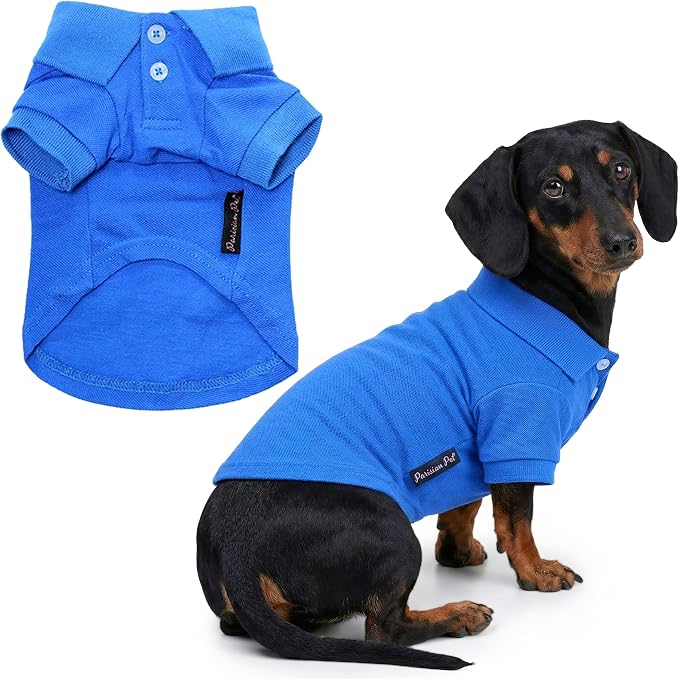 Parisian Pet Dog Polo Shirt – Classic Blue Cotton Pet Apparel with Collar & Buttons - Soft Breathable Puppy T-Shirt - Cute Dog Clothes - Ideal Summer Clothes for Large Dogs - Shirts for Dogs Boy