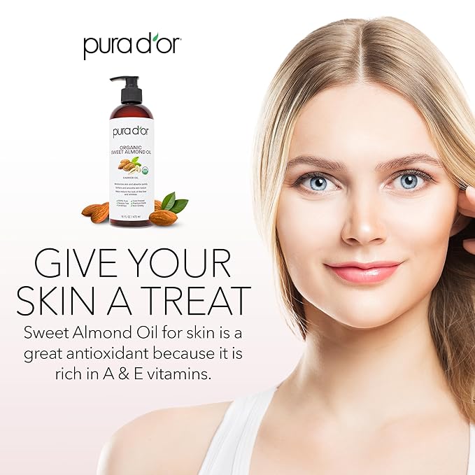 PURA D'OR 16 Oz ORGANIC Sweet Almond Oil-100% Pure & Natural USDA Certified Cold Pressed Carrier Oil For DIY Beauty-Non-Greasy,Unscented,Hexane Free Moisturizer-Massage-Oil For Hair & Skin,(Pack of 2)