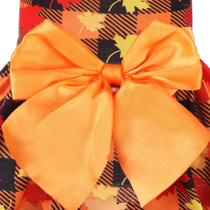 PUPTECK Plaid Dog Dress with Bow Puppy Clothes for Autumn Maple Leaf S | Puppy Doggie Pet Clothes Outfits Apparel Costume for Wedding Anniversary Holiday Photoshoot for Small Medium Large Dogs Girl