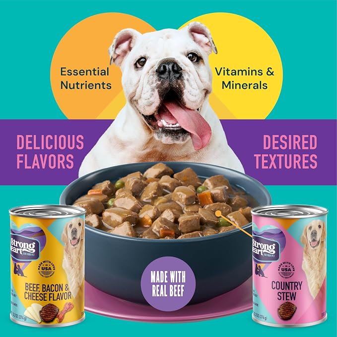 A Strong Heart Variety Pack, Beef Bacon & Cheese & Stew, 12pk | Two recipes, complete & balanced all life stages, Made in USA, 13.2oz cans