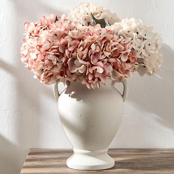 PORCER Ceramic Rustic Flower Vase with Handles, 8.46 Inch Tall Vintage Pottery Home Decor, Farmhouse Terracotta Vase for Living Room, Table, Shelf, Mantel Decoration, Farmhouse- White
