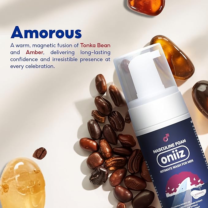 ONIIZ Masculine Foam Amorous Intimate Wash for Men, Triple-Barrier Intimate Defense - pH Balanced, Natural Ingredients, Removes Sweat, Bad Odor - Warm & Attractive Fragrance 3.38 fl. oz