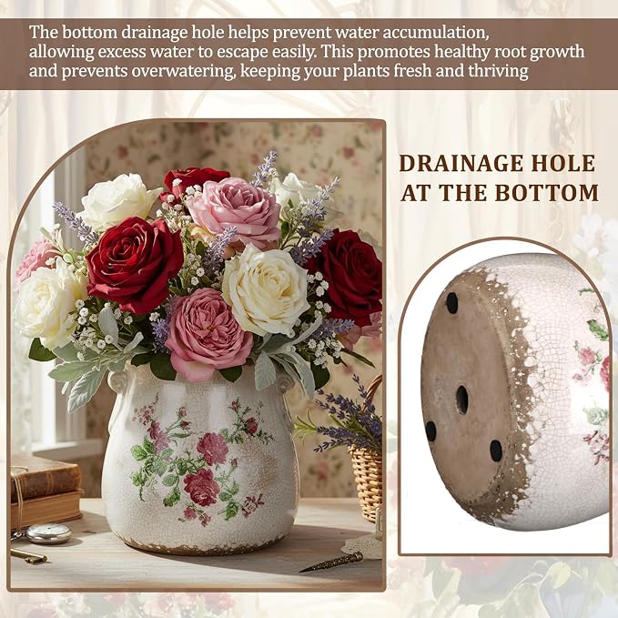 Ceramic Scroll Planter 6.5 Inch Chinoiserie Floral Vase with Drainage Holes Vintage Flower Vase Flower Pot Rustic Ceramic Pots for Indoor Plants Garden Home Bookshelf Decor(Pink Green)