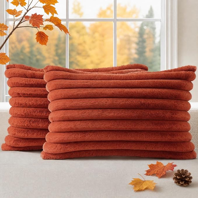 decorUhome Fall Faux Fur Throw Pillow Covers 12x20 Set of 2 Rust | Decorative Soft Cozy Striped Plush Modern Farmhouse Boho Couch Pillow Cases Velvet Back for Sofa Bed Living Room Home Decor