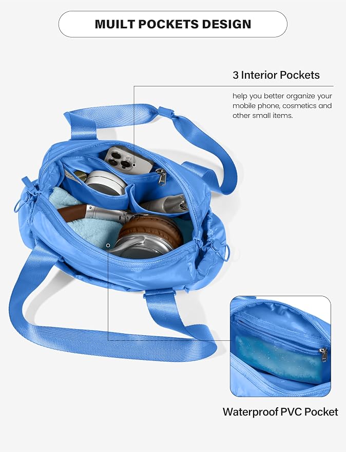 Uselike Small Gym Bag for Women, 7L Mini Duffle Bag for Travel, Lightweight Quilted Puffer Bag for Daily, Cute Shoulder Bag for Dance with Wet Pocket (Blue)