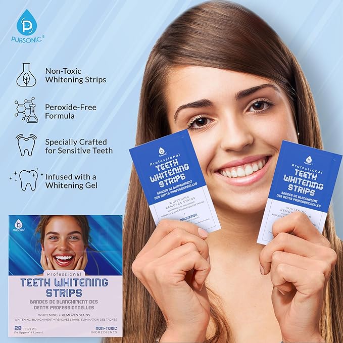 Pursonic Teeth Whitening Strips (28 Strips) - Non-Toxic & Peroxide-Free - Professional Instant Teeth Whitening at Home to Remove Coffee, Smoking, & Wine Stains