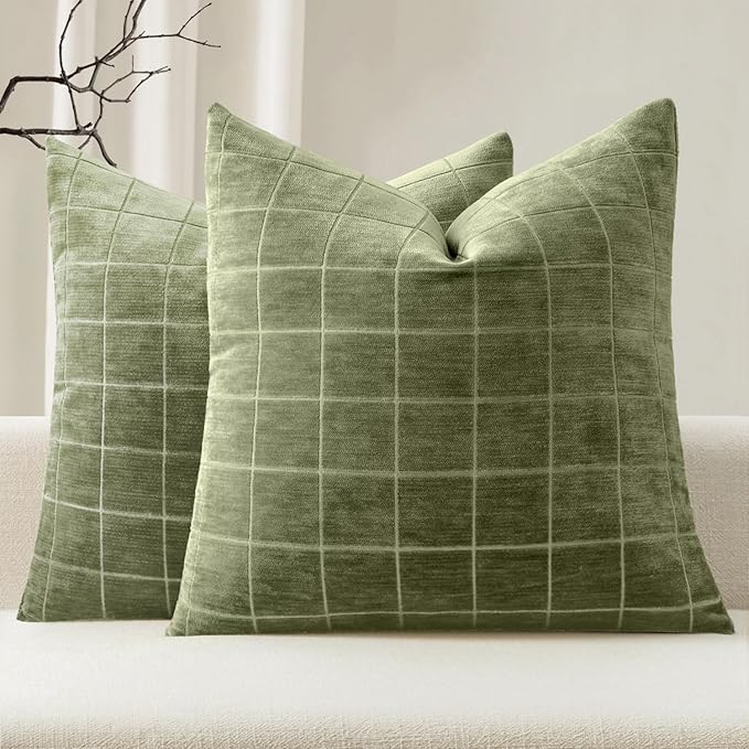 MIULEE Sage Green Plaid Decorative Throw Pillow Covers 18x18 Set of 2 | Vintage, Check Chenille Couch Pillows, Neutral Boho Farmhouse Cushion Covers, Modern Home Decor for Sofa Bed Living Room